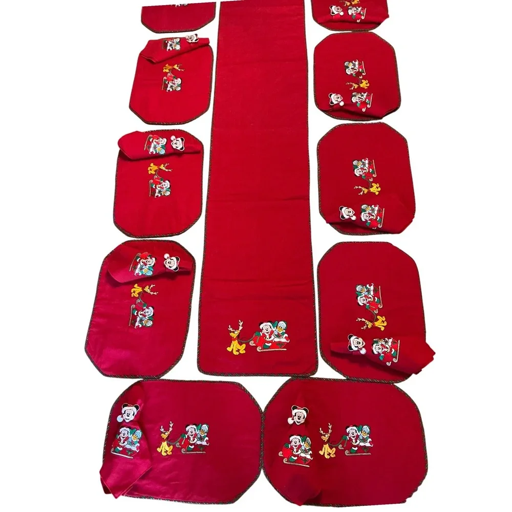 Disney Christmas Table Linens Set 37pc Mickey Donald Pluto Runner Placemats Red